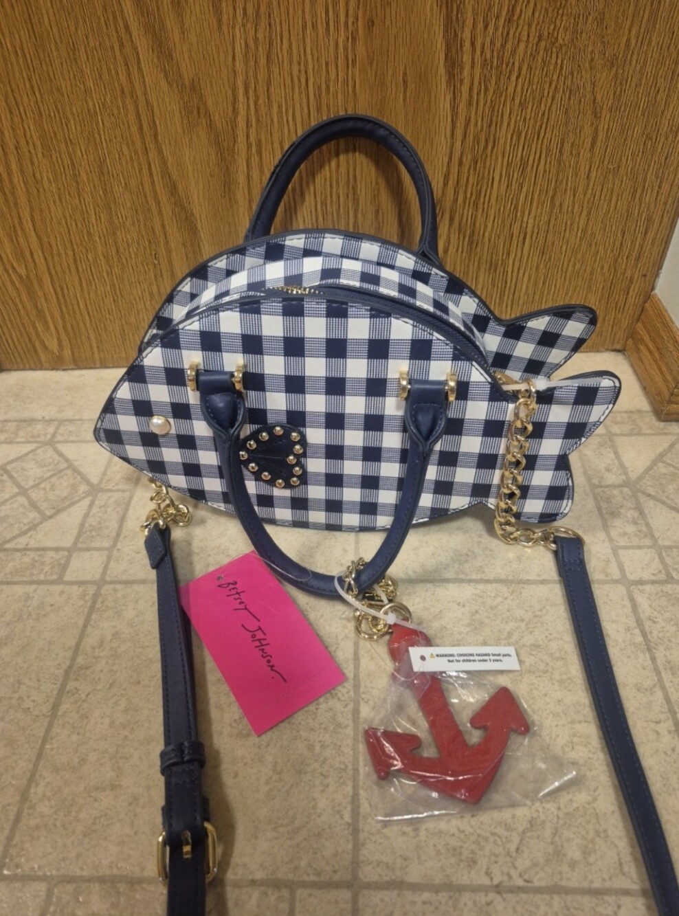 Betsey Johnson XO Sea Fish Shaped Navy & White Gingham Pattern Crossbody Bag - Picture 1 of 8